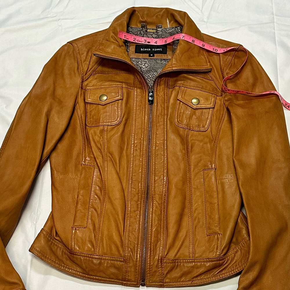 Black Rivet Cognac Tailored Leather Jacket | Pockets | Collar Ladies Size M NWT - Picture 3 of 15